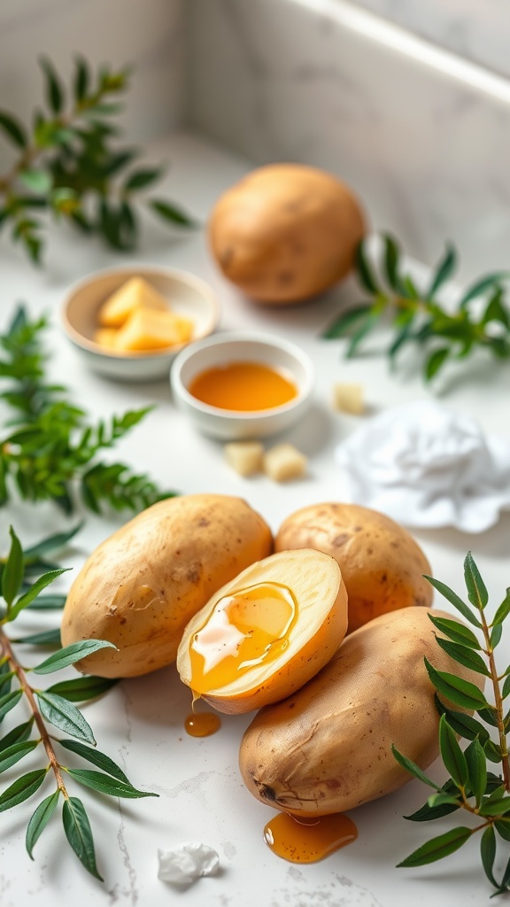 Natural potato face mask ingredients including potatoes, honey, and lemon juice on a rustic countertop.